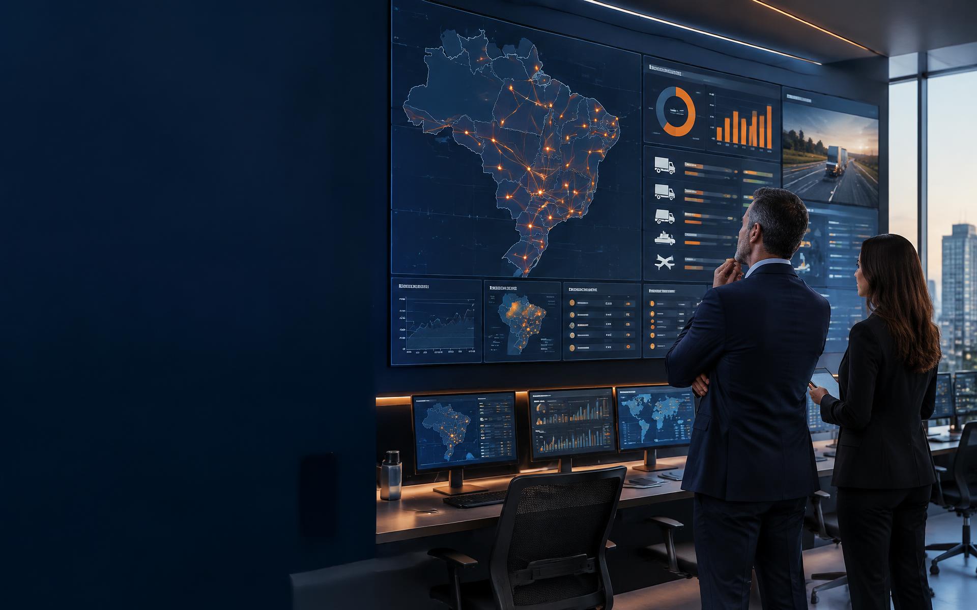 Profissionais de Supply Chain monitorando rotas e indicadores logísticos em uma torre de controle