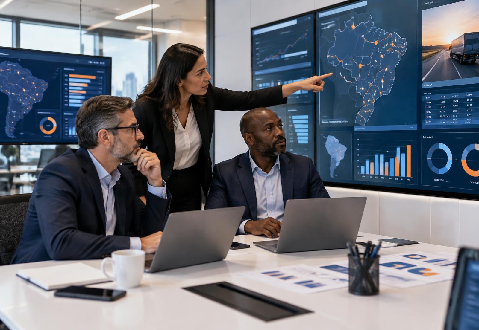Equipe de Supply Chain analisando indicadores e rotas logísticas em uma sala de gestão